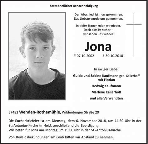 todesanzeigen jona|Traueranzeigen 